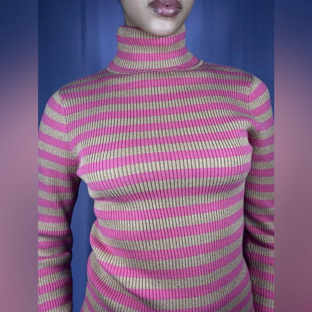 Moda International Pink & Gold Striped Knit Turtleneck Women Size XS Glitter Y2k